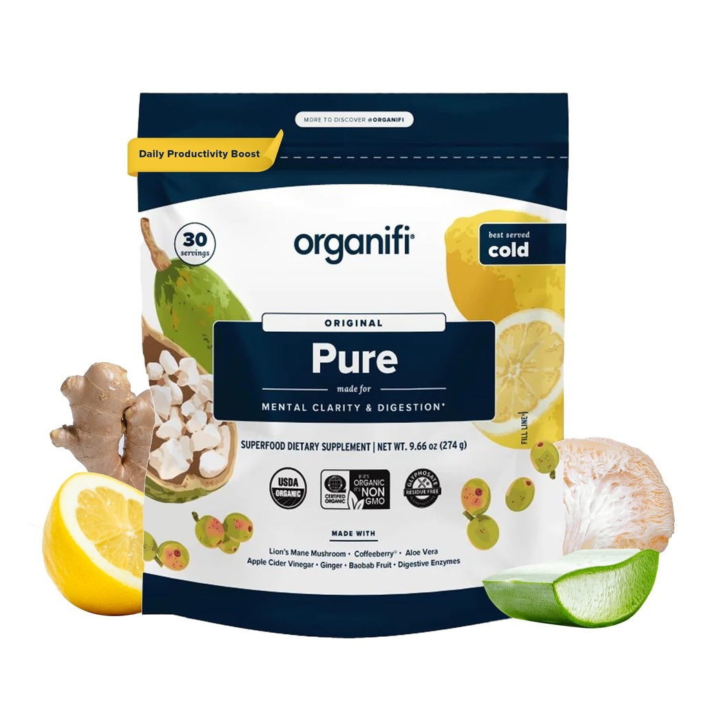 Organifi Pure - Promueve la estimulación en el aprendizaje, la memoria, el enfoque y la claridad - Apoyo al cerebro con los superalimentos - Gluten-Free y no GMO - Mejor Frío Servido, 30 Servimientos