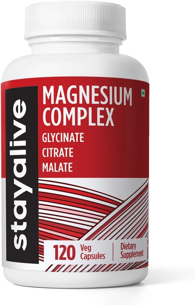 STAY ALIVE Triple Magnesium Complex Suplemento 500mg, Chelated Glycinate, Citrate & Malate Powder, High Absorption Magnesium for Women and Men, 120 Pills, Non-GMO &amp; Gluten-Free Capsules