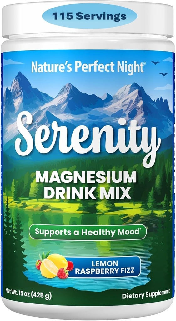 La noche perfecta de la naturaleza ← Serenity Magnesium Drink Mix Powder ← Anti-Stress Silencio Gluten Gratis ← Vegan ← Non-GMO ← Sugar-Free ← Apoya la relajación, el sueño, el corazón, la bondad y la salud del nervio Silencio 15 oz
