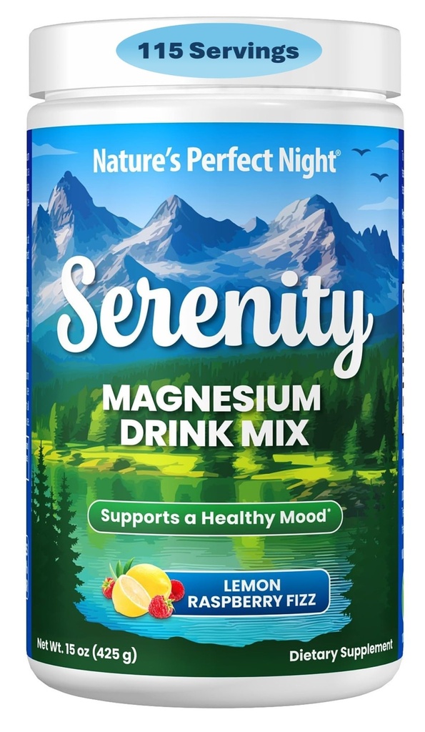 La noche perfecta de la naturaleza ← Serenity Magnesium Drink Mix Powder ← Anti-Stress Silencio Gluten Gratis ← Vegan ← Non-GMO ← Sugar-Free ← Apoya la relajación, el sueño, el corazón, la bondad y la salud del nervio Silencio 15 oz