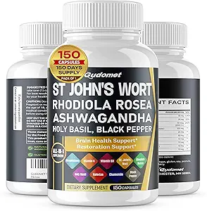 St. John's Wort Rhodiola Rosea Ashwagandha Holy Basil Valerian Chamomile Black Pepper -150 Capsules- Made in USA