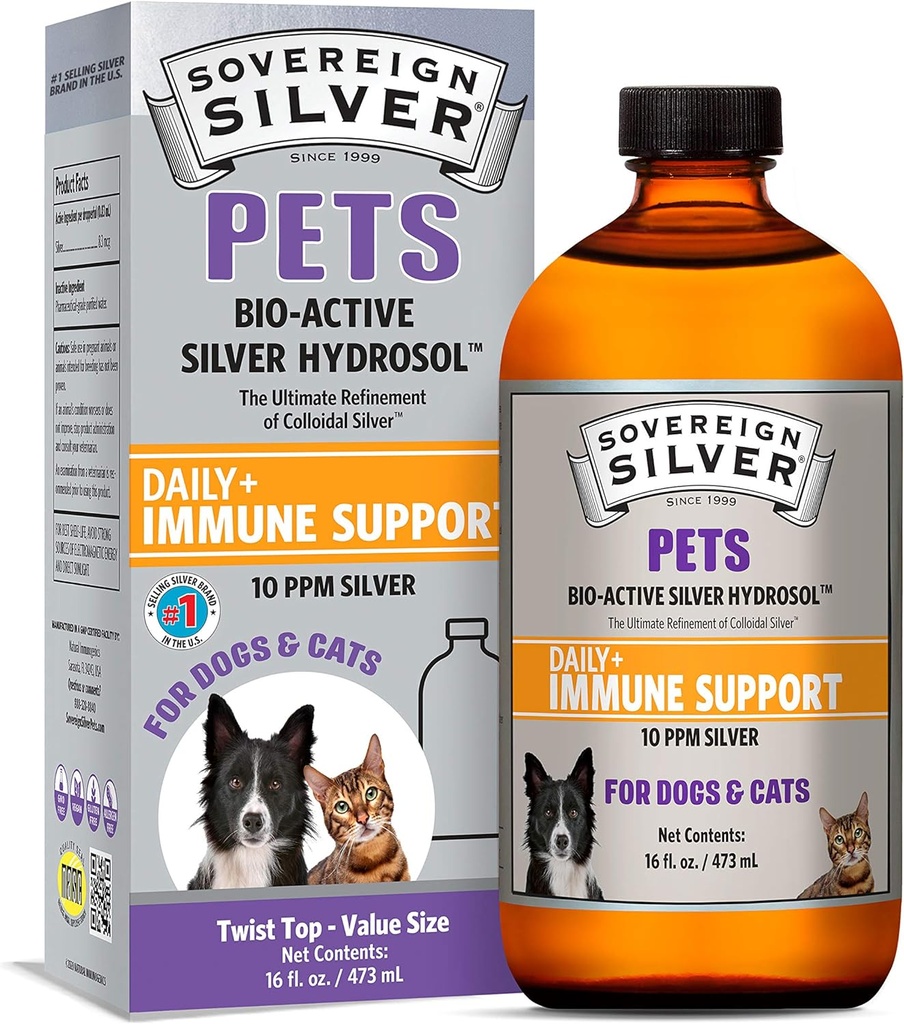 Soberana Silver Pets Immune Support - Colloidal Silver, Bio-Active Silver Hydrosol, para perros y gatos, 10 ppm, Liquid Twist Top, 16 Fl Oz, (473 mL)