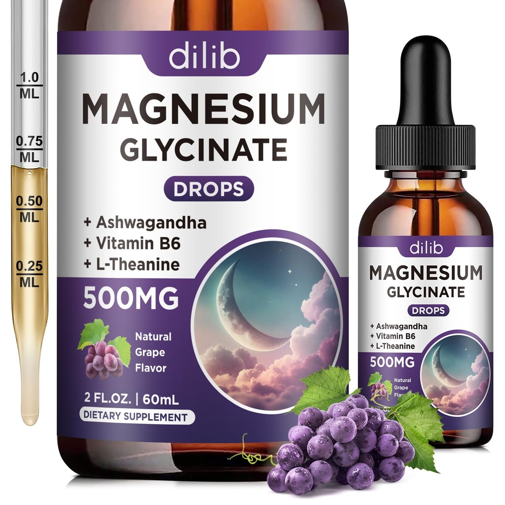 Magnesium Glycinate Liquid Drops 500mg, with Vitamin B6, Ashwagandha, L - Theanine, Chamomile, Magnesium Glycinate Supplement High Absorption for Sleep, Stress, Energy, Mood - Grape Flavor, 2 FL.OZ