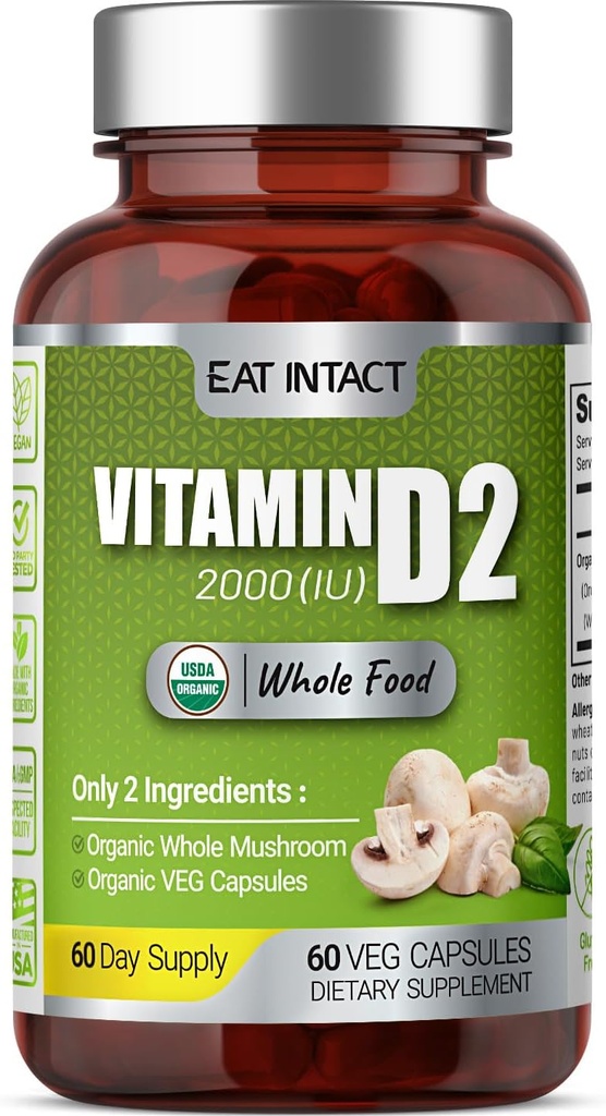 Vegan Whole Food Vitamin D, 2000 UI (50 mcg), D2, Two Ingredients (Organic Whole Mushroom and Organic Vegan Capsule), Non-GMO, Third Party Tested, 60 Day Supply