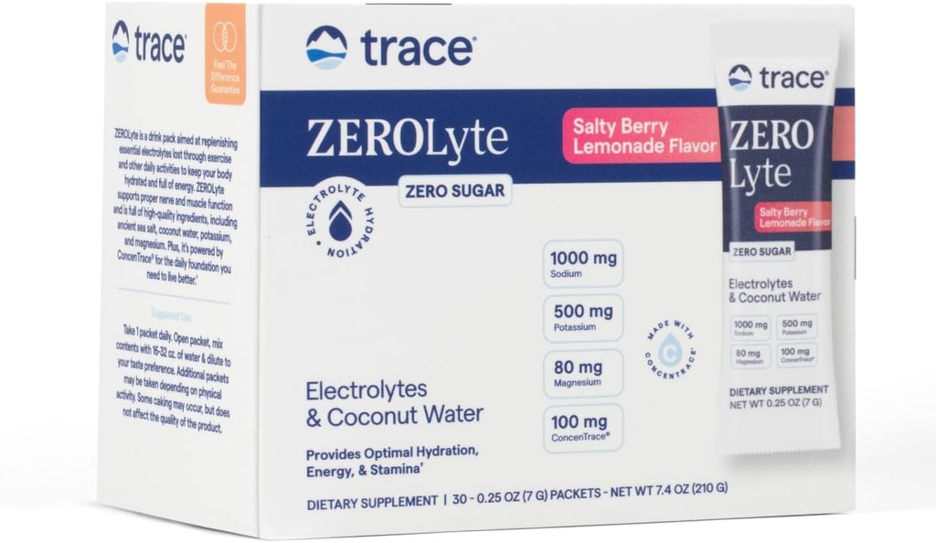 Trace Minerals ZeroLyte - Drink Mix Powder Supports Hydration & Energy - Aids Healthy Nerve & Muscle Function - Support Heart & Digestion Health - Salty Berry Lemonade, 30 Packets (30 Servings)