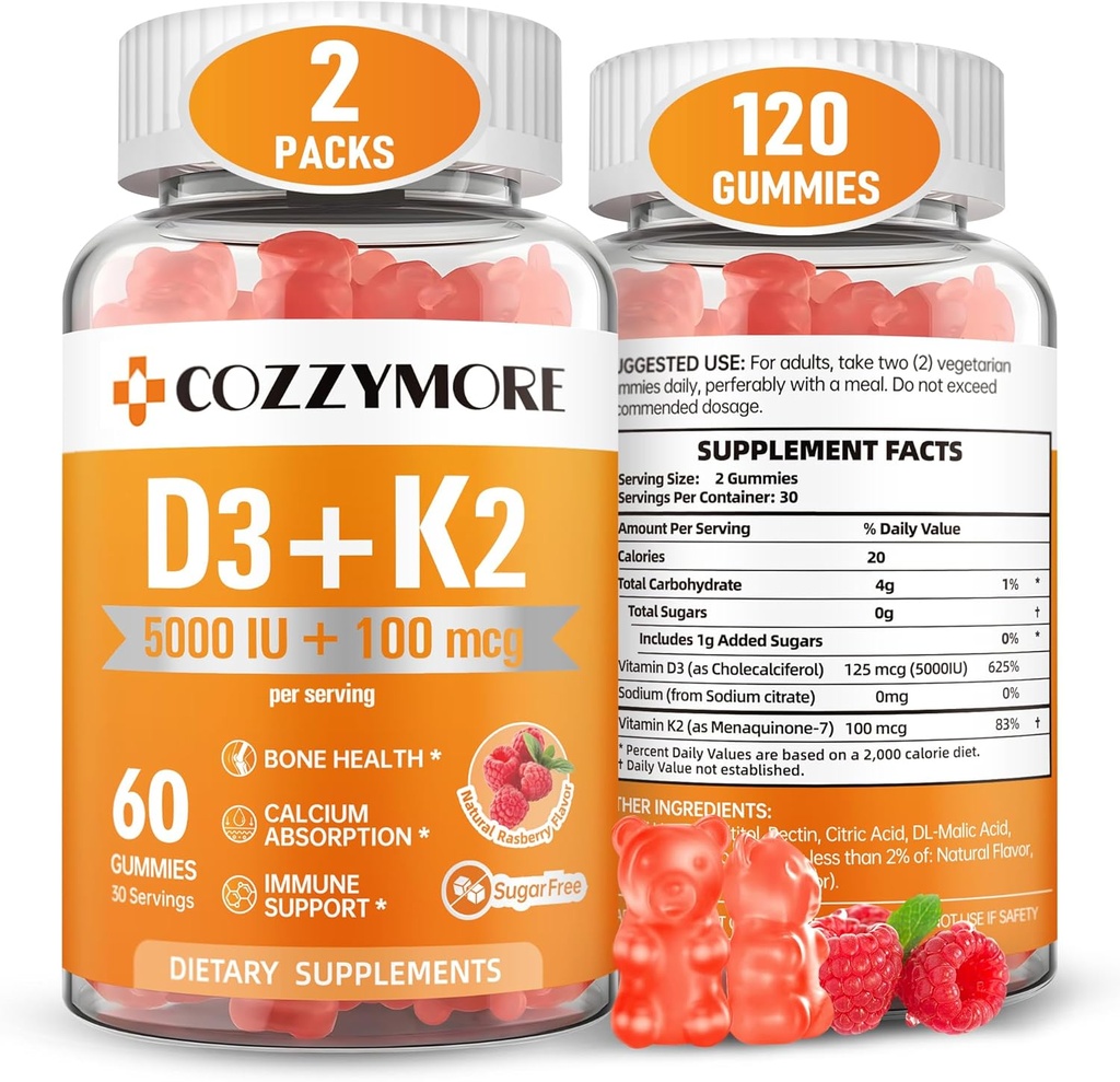 Vitamina libre de azúcar D3 K2 Gummies, Vitamina D Gummies Suplemento, 10000 UI + 200mcg D3 y K2 Suplementos, Tasty Gummy Vitaminas, Apoyo para los huesos Inmune de dientes musculares, 60 Sirve 120 Gummies, Raspberry