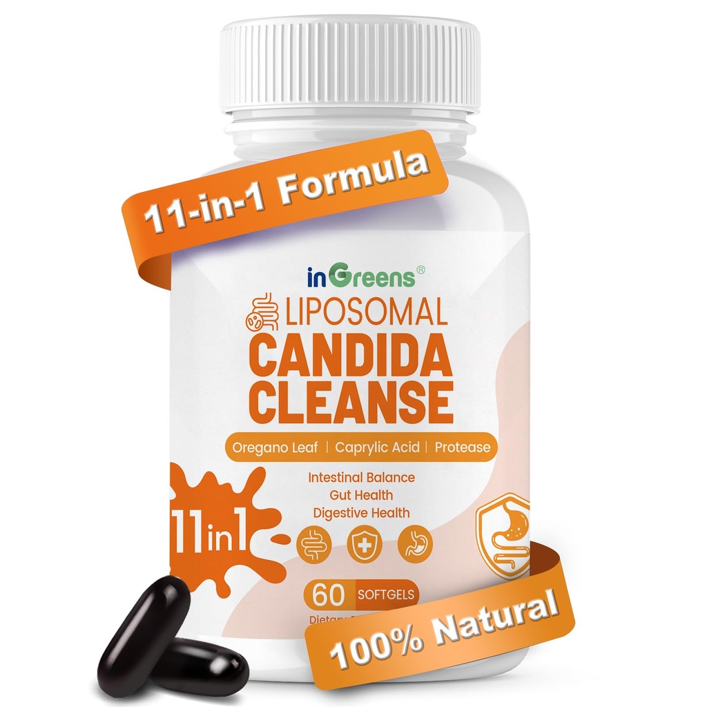 11-in-1 Candida Cleanse, Advanced Candida Cleanse Detox for Women &amp; Men, Candida Support Suplemento con orégano, Ácido caprílico, Probióticos " Extractos herbales, 60 Softgels