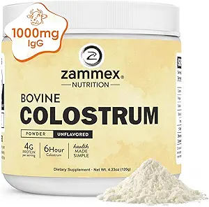 Zammex Bovine Colostrum Powder 4000MG for Immune Support, Gut Health, Hair Growth, Grass Fed Organic Colostrum Supplement for Humans Superfood Easy to Mix, 4g Protein, Unflavored, 30 Servings