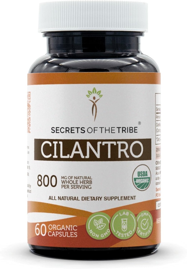 Secretos de la Tribu Cilantro USDA Organic Capsules  Certified Organic Vegetarian Capsules, Herbal Dietary Supplement ← Coriandrum Sativum Dried Leaf (60 Conde)