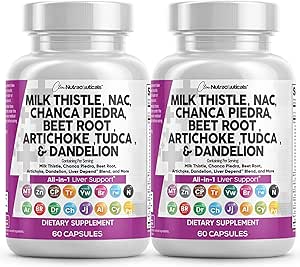 Clean Nutraceuticals Milk Thistle NAC Chanca Piedra Beet Root Artichoke Dandelion Root - Liver Cleanse Supplement Plus TUDCA Choline &amp; Ginger - 2Pack