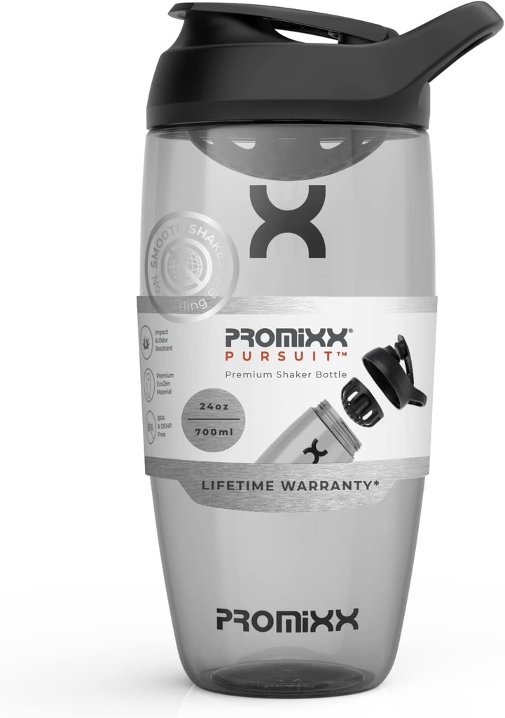 Promixx Pursuit Protein Shaker Bottle (24 oz) – Silent No-Ball Mixer, Leak-Proof Lid, BPA/BPS & Phthalate-Free ECOZEN – Easy-Clean Shaker Cup for Protein Shakes, Pre " Post-Workout Smoothies