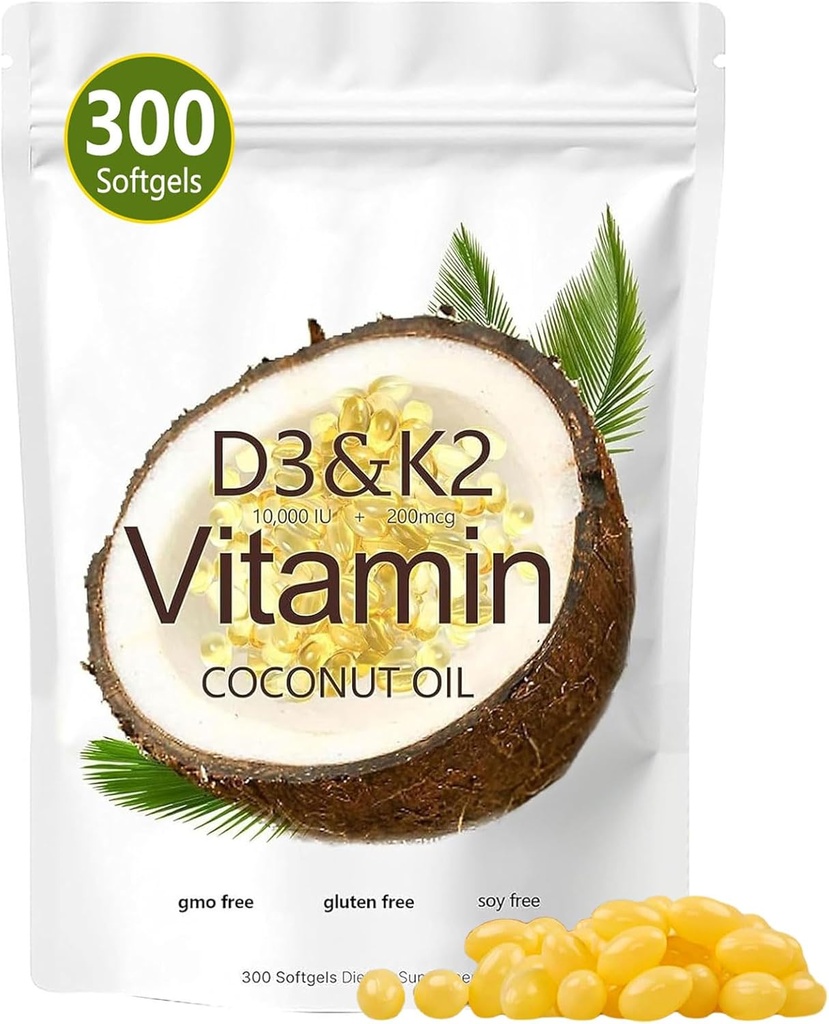 Vitamina D3 K2 Softgel, D3 K2 Vitamina 10000 UI, 10000 UI VIT D3 + 200 MCG Vitamin K2, libre de GMO, Gluten, Soy, Bone Health, soporta la absorción de calcio, 300 Gels