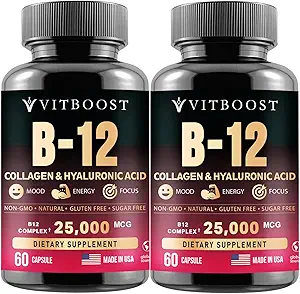 B12 Metilcobalamina con ácido hialurónico, colágeno y folato – 25000 mcg Suplemento Mejorar la absorción " Boost Energy " soporta Gluten-Free, Made in USA, B1, B2, B3, B6, B7 Complex - Pack of 2