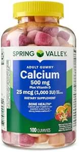 Spring Valley Calcium 500 mg más Vitamina D 25 mcg Bone Health Dietary Supplement Gummies, 100 Cuenta + DRI Store Sticker.