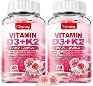 Vitamina D3 K2 Suplemento para Adultos - Vitamina D3 5000 UI + K2 200 mcg - Vit D3 K2 Gummies con Calcio 600mg Magnesio Zinc &amp; Vitamina C para Hombres - Soporte B0ne, Muscle Immune - 120 Condes