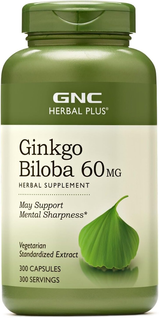 GNC Herbal Plus Ginkgo Biloba 60mg Suplemento, Vegetariano, Apoyo a la Sharpness Mental, 300 Servimientos