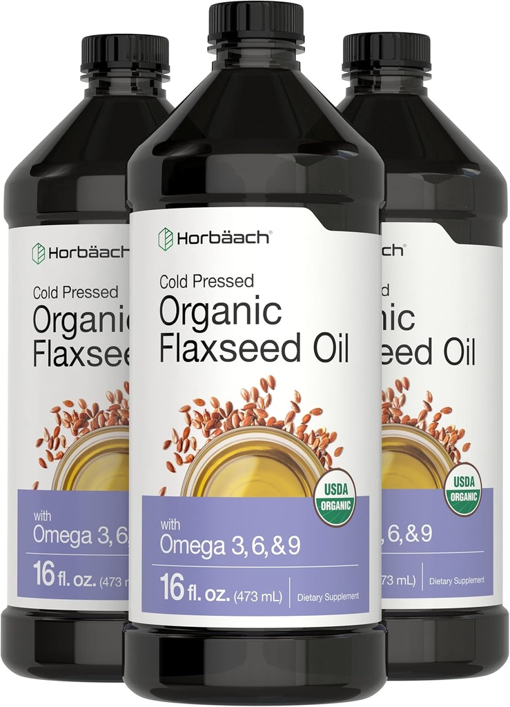 Horbäach Orgánica de Flaxseed Óleo Silencioso 3 Pack ← 16 fl oz Cada Silencio Frío Presionado Silencio con Omega 3, 6, 9