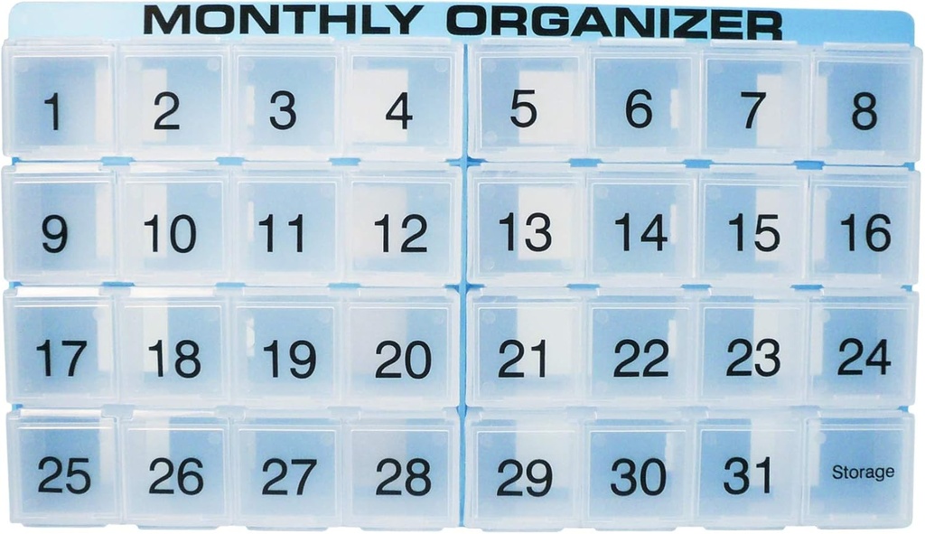 Organizador de píldoras mensuales Silencioso 31 compartimentos, 1 por día, 4 semanas Mes completo 31 Día Organizador de píldoras Incluye bandeja y 8 compartimentos extraíbles
