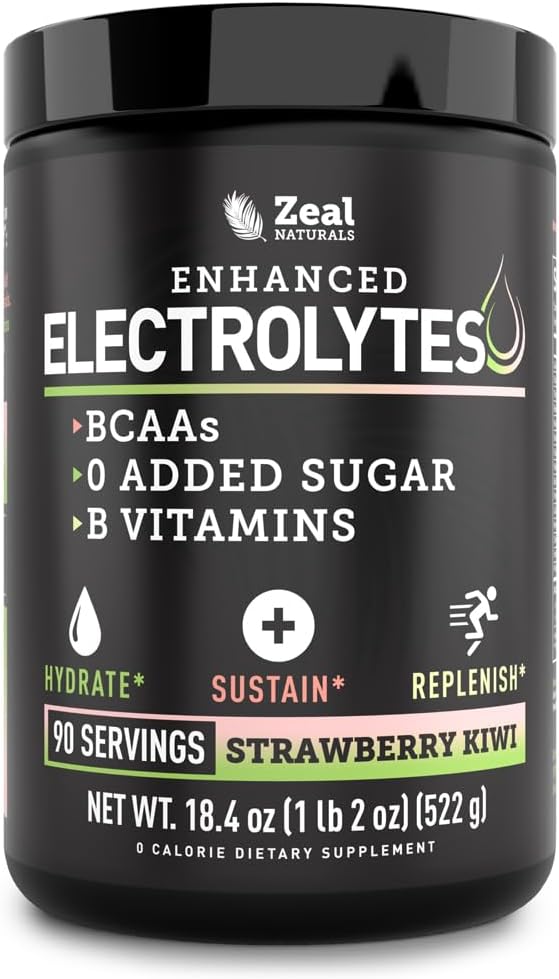 Zeal Naturals Electrolyte Powder Recovery Drink (90 Servings ← Strawberry Kiwi) w 0 Sugar +BCAAs +B-Vitamins Electrolyte Suplemento w Potassium Zinc &amp; Magnesium for Hydration - Keto Electrolytes