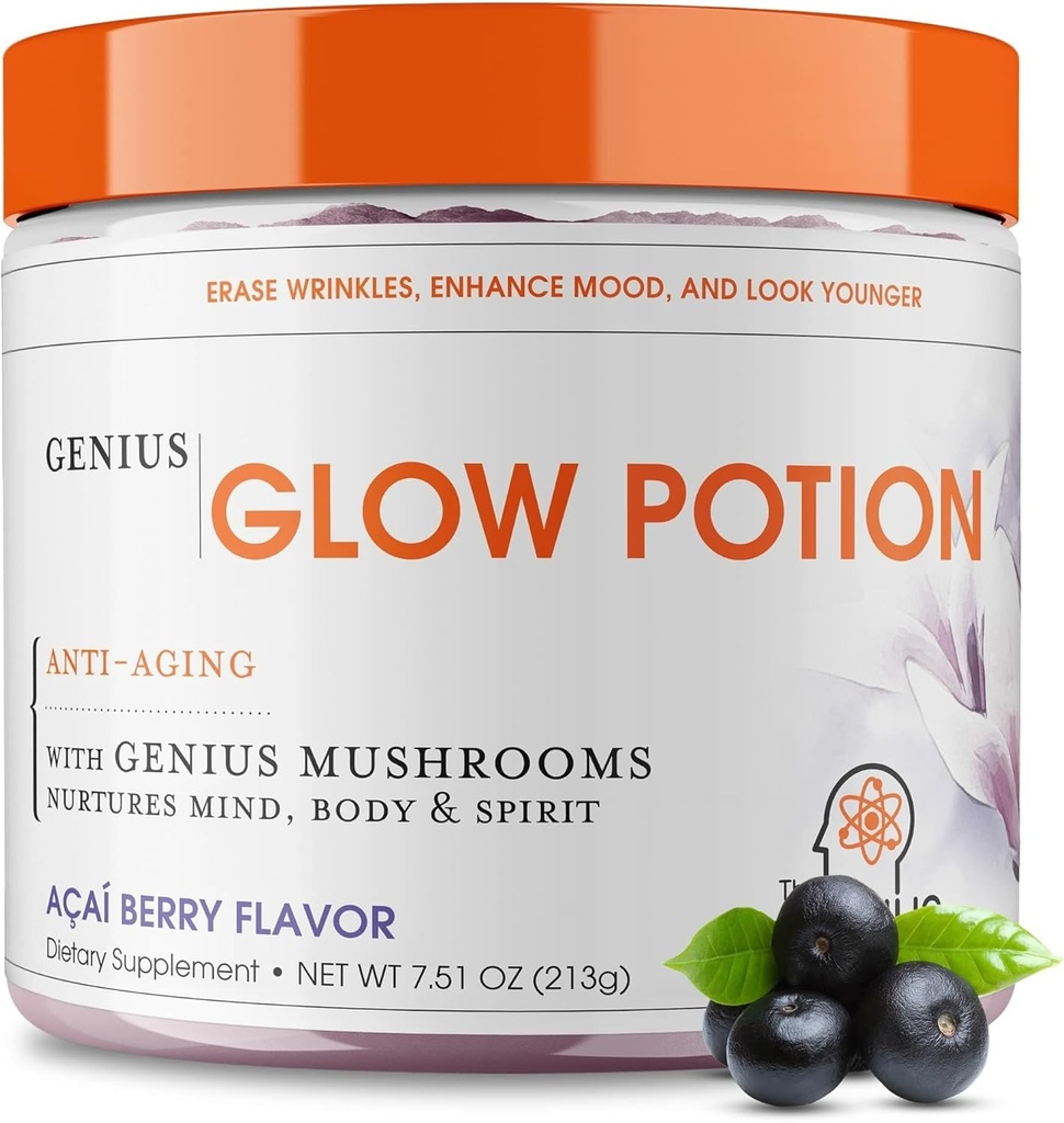 La Poción Genius Brand Genius Glow - Suplemento diario de Skincare para la piel de la guanición - Soportes Hidratación, Elasticidad, Immune Health & Brain Function - Funcionado por Nootropics - Acai Berry - 30 Servimientos