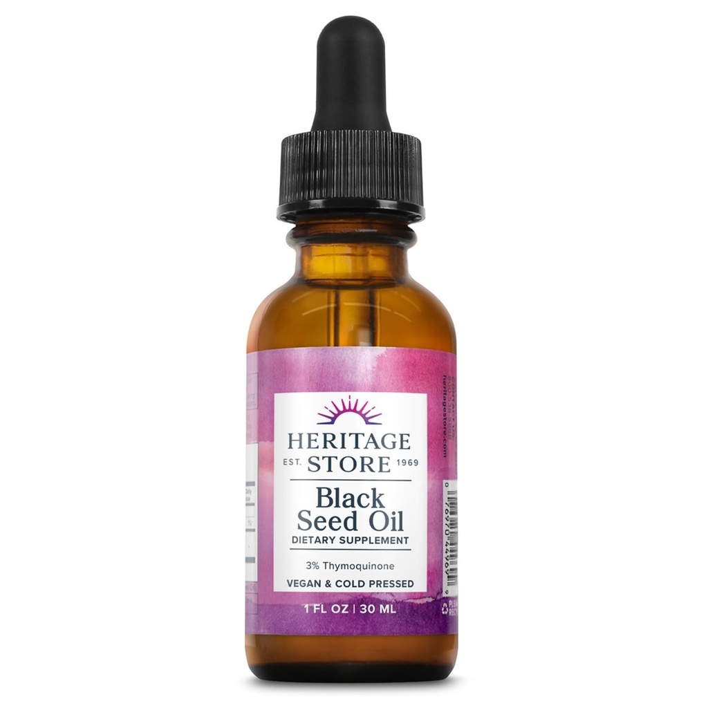 HERITAGE STORE Black Seed Oil w / 3% Thymoquinone, Omega 6 9 - Nigella Sativa Liquid Oil, Cold Presionado de Semillas Negras, Juntas, Digestión y Soporte Inmunitario, Vegan, Garantía de 60 días, 30 Serv, 1 fl oz