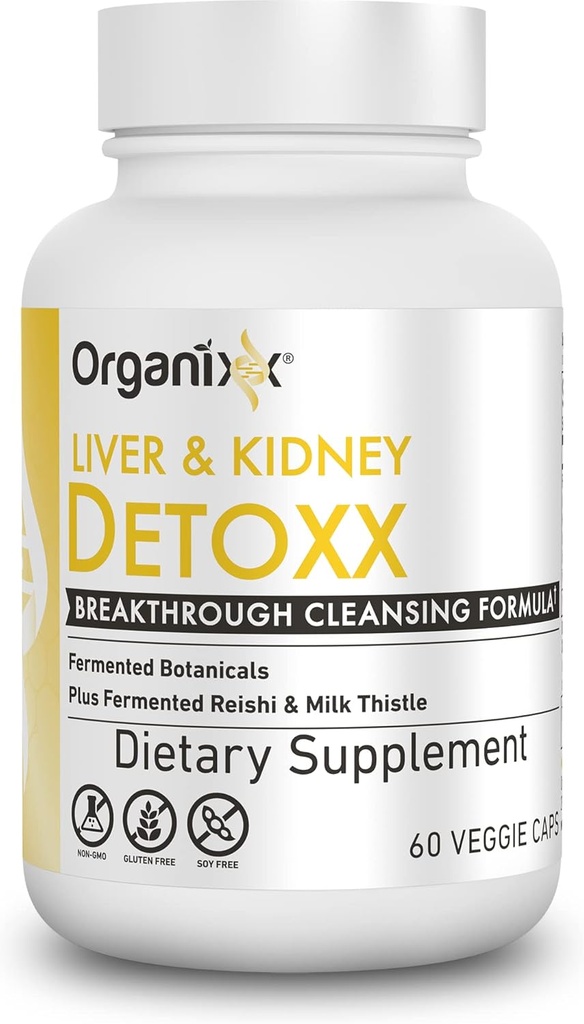 Organixx Kidney &amp; Liver Support Cleanse Supplement, Milk Thistle Reishi Herbal Formula For Digestive Health, Kidney & Liver Health, Sleep & Energy Support, Gluten Free, Non GMO, 60 Vegetarian Capsules