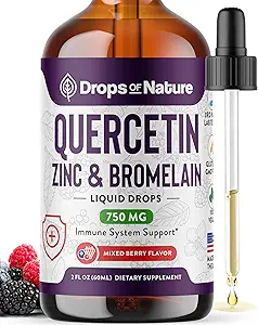 Quercetina con bromelaína " Zinc (5mg) gotas líquidas – Soporte inmunitario para adultos " Niños – Bioflavonoides ultraconcentrados – Defensa inmunitaria – Salud celular – Vegan, No GMO, Gluten Free – 2 Fl Oz