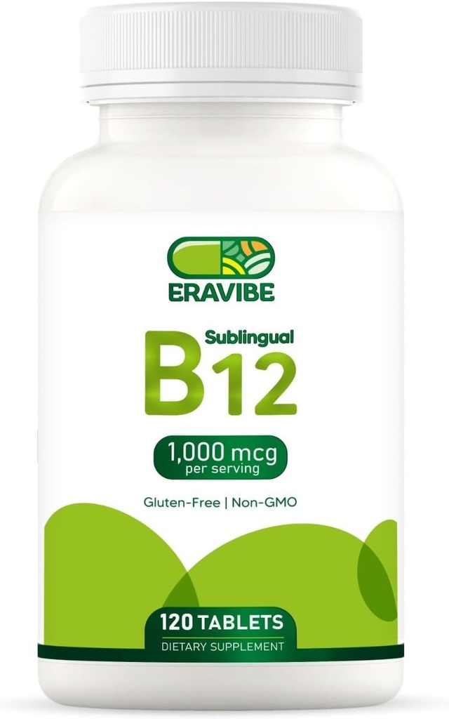 Vitamina B12 1000 mcg, 120 Tabletas, Sabor de cereza natural, libre de gluten, no Gluten, libre de azúcar, disuelve rápido
