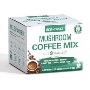 ECO-TASTE Mushroom Coffee Mix, diseñado para Gut-Health con Chaga, Lion's Mane, Turquía Tail, Yacon y Probióticos – 12 Sachets