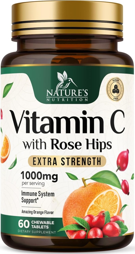 Vitamina C Chewable 1000mg - Extra Strength Antioxidants for Powerful Immune Support w/Vitamin C & Rose HIPS - Potent Dietary VIT C Chews Suplemento, Natural Orange Flavor, Vegan, Non-GMO - 60 Tablets