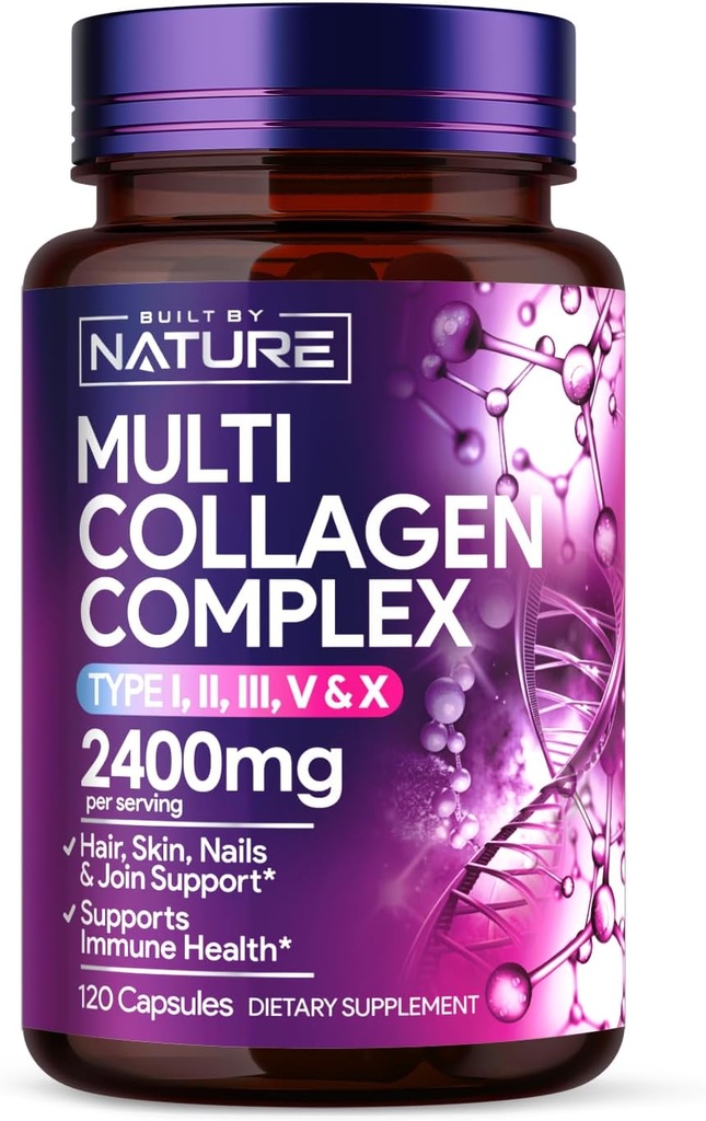 Construido por colágeno natural – Multi colágeno Peptidos Suplemento Complejo para Mujeres – Tipo I, II, III, V, X para el cabello, piel, uñas, articulaciones &amp; bonificación Salud - Hidrolyzed, Gras-Fed - 120 cápsulas