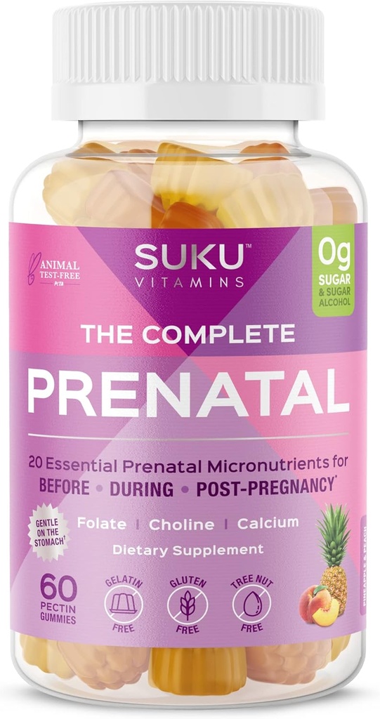 SUKU Gummies multivitamínicas prenatales – Folato, Calcio, Vitamina D3, B12, K2 – Libre de azúcar, Vegetariano, Soporte para el embarazo sin gluten – Pineapple Peach Flavor – 60 Cuenta