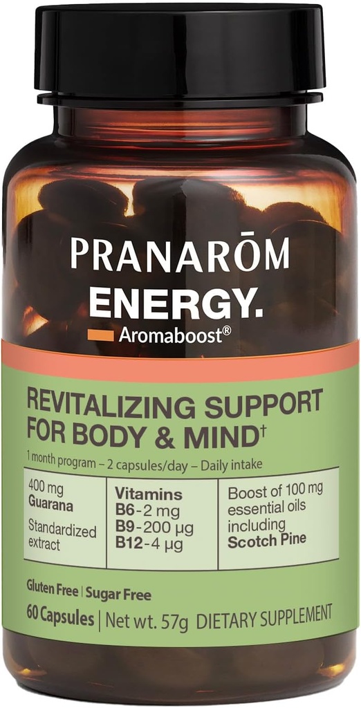 Pranarom - Aromaboost Energy Herbal Suplemento - para la fatiga física y mental - Guarana - Vitaminas B6 B9 B12 - Pure Scots Pine Essential Oil - 60 Count