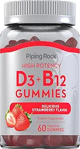 Piping Rock Vitamina D3 y B12 Gummies Silencio 60 Conde ← Suplemento para Mujeres y Hombres ← High Potency TEN Strawberry Flavor ANTE Vegetarian, Non-GMO, Gluten Free
