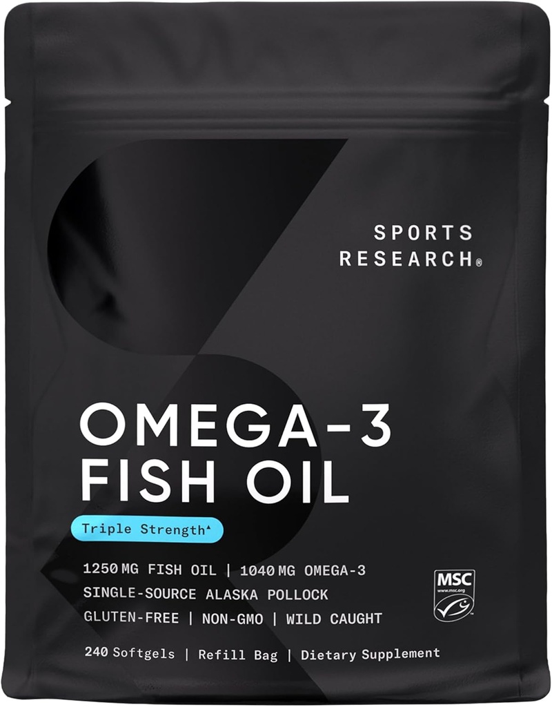 Sports Research Triple Strength Omega 3 Fish Oil - Burpless Fish Oil Supplement w/EPA & DHA Fatty Acids from Wild Alaskan Pollock - Heart, Brain &amp; Immune Support for Men & Mujer - 1250 mg, 240 ct