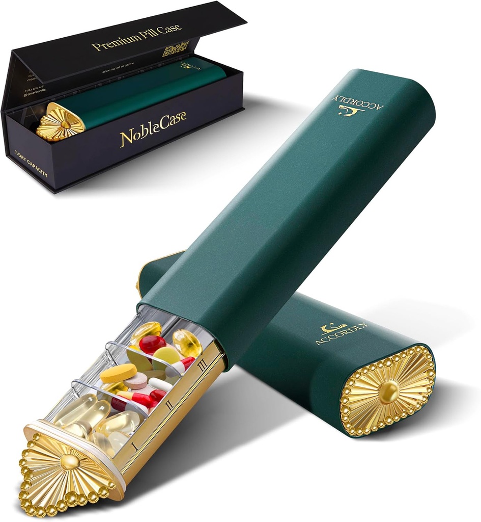 Premium organizador semanal de píldoras, caja compacta de 7 días para purse, caja de aluminio de oro ligero para vitaminas, medicina, suplementos, regalo de bienestar de lujo