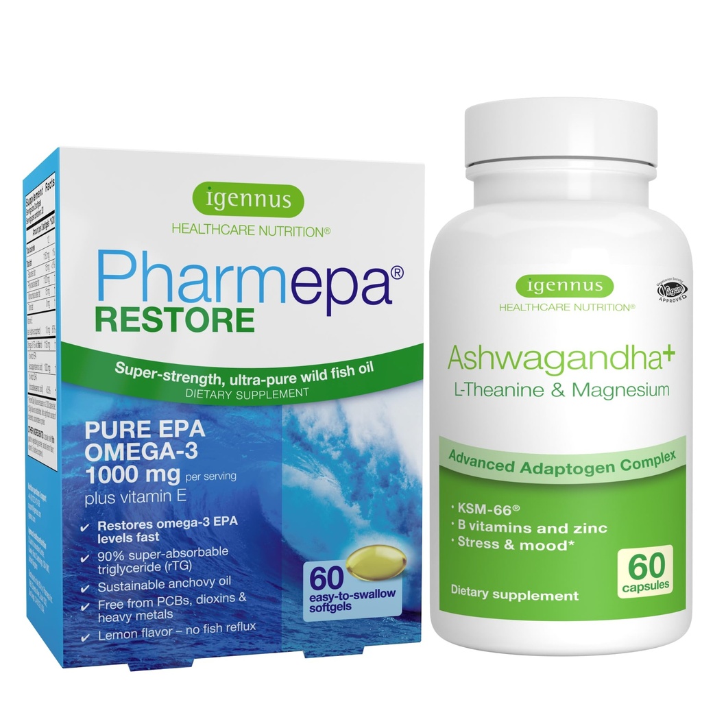 Igennus Pharmepa Restore + Ashwagandha+ L-Theanine & Magnesium Bundle, 1000mg Pura EPA Omega-3 Fish Oil + 600mg KSM-66 Ashwagandha Adaptogen Complex with Zinc & B Vitamins, Mood & Stress Support