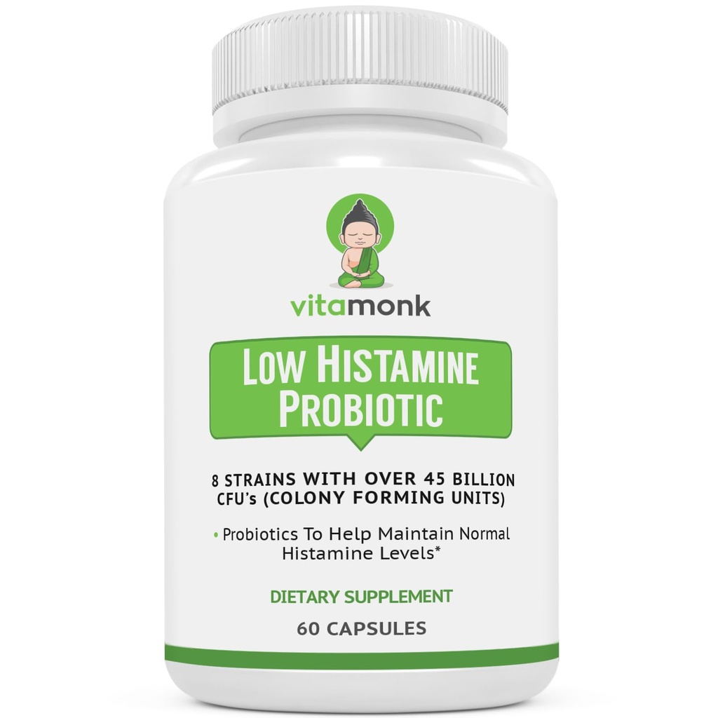 VitaMonk Probióticos bajos de Histamina Luchan contra la Intolerancia Histamínica y Apoyo Equilibrado Gut Health - Histamine Probiótico Libre para Aquellos que buscan Mejoras de Salud con Control de Histamina -60 cápsulas