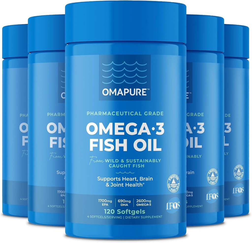 Suplementos de aceite de pescado con ácidos grasos Omega 3 (5 Botella, 120 Softgels) - Alta EPA, DHA, " Píldoras de aceite de pescado IFOS Apoyo Corazón " Salud Conjunta - Aceite de pescado Burples promueve función cerebral