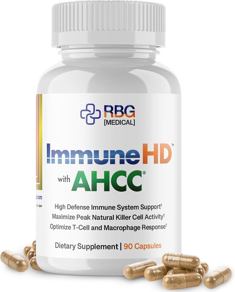 Immune-HD con AHCC Suplemento para Immune Support,1500mg de AHCC Mushroom Extract + Olive Leaf &amp; Quercetin con Bromelain, Natural Killer Cell Activity for Immune System, Liver Function, 90 Caps, RBG