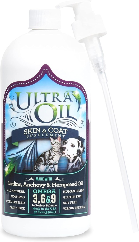 Ultra Oil Dog & Cat Suplemento con cáñamo, Flaxseed & Fish Oils - 32oz - Para la piel seca, cáscara de muñeco, puntos calientes, caspa, alergias