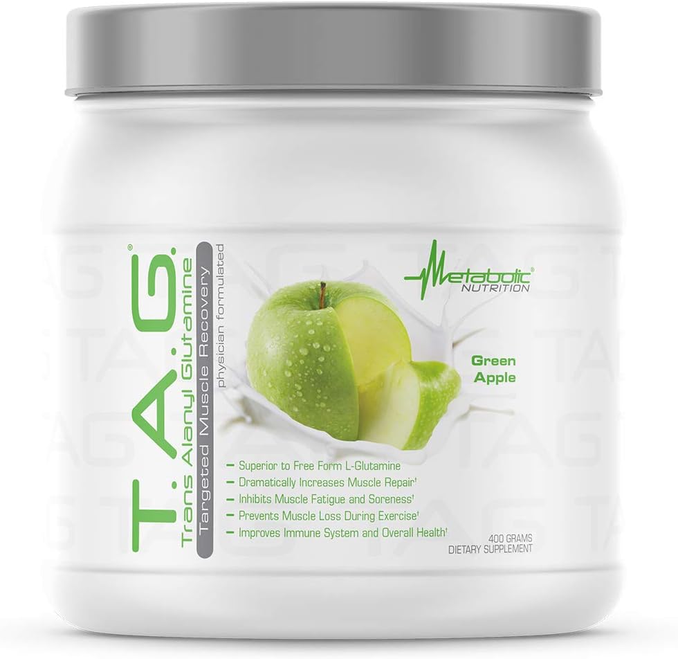 Nutrición metabólica, TAG, Glutamina de Alanilo Trans, Pólvora de Péptidos de Péptidos de L-Glutamina 100%, Suplemento de entrenamiento de Postes Intra, 400 Gramos (40 Servimientos) (Gran Manzana)