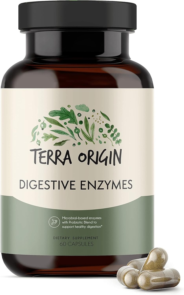 TERRA ORIGIN Digestive Enzymes with Probiotics & Prebiotics | 60 Capsules | Supports Digestive Gut Health | Non GMO, Gluten Free, Vegan | for Women and Men