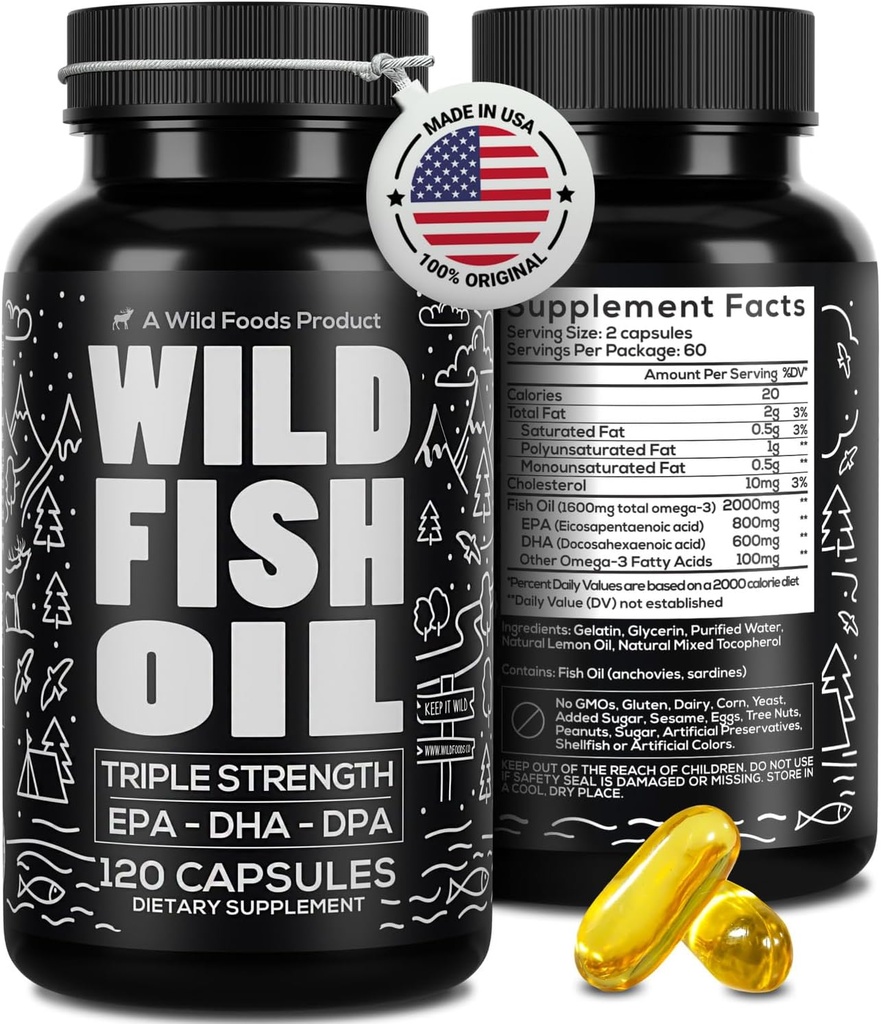 Alimentos silvestres Omega 3 Suplemento de aceite de pescado, 120 cápsulas (1 pk) ← Wild Caught, Burpless, Odorless, Non-GMO, Gluten Free TEN DPA, DHA, EPA Triple Strength Heart &amp; Joint Nutrition for Women &amp; Men
