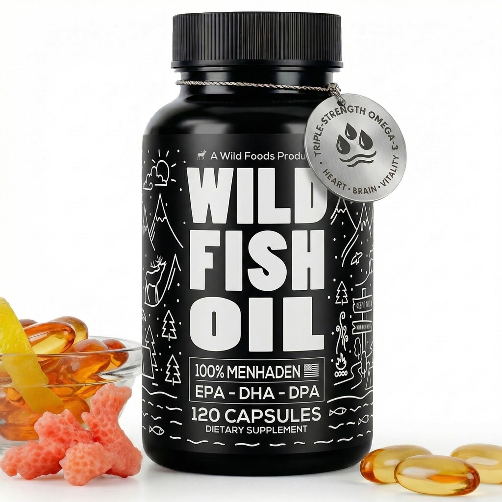 Alimentos silvestres Omega 3 Suplemento de aceite de pescado, 120 cápsulas (1 pk) ← Wild Caught, Burpless, Odorless, Non-GMO, Gluten Free TEN DPA, DHA, EPA Triple Strength Heart &amp; Joint Nutrition for Women &amp; Men