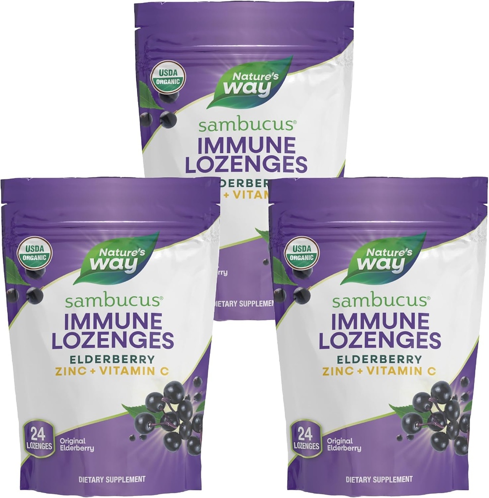Manera de la naturaleza Sambucus Immune Lozenges, Zinc + Vitamina C, Black Elderberry Extract, USDA Certified Organic, Original Berry Flavored, 24 Lozenges (Packaging May Vary) - 3 Pack