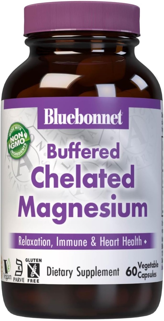 Bluebonnet Nutrition Albion Buffered Chelated Magnesium 200 mg, Magnesium Oxide, Stress Relief, Vegan, Non GMO, Gluten Free, Soy Free, Milk Free, Kosher, 60 cápsulas vegetales, 1 mes de suministro