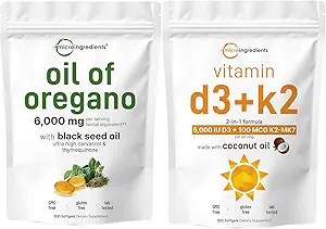 Micro Ingredientes Aceite de Oregano Softgels 6.000mg Por Serving & Vitamin D3 5000 IU Plus K2 (MK-7) 100 mcg, 300 Virgin Coconut Oil Softgels Bundle Pack  4X Strength Carvacrol & Thymoquinon ← Esencial