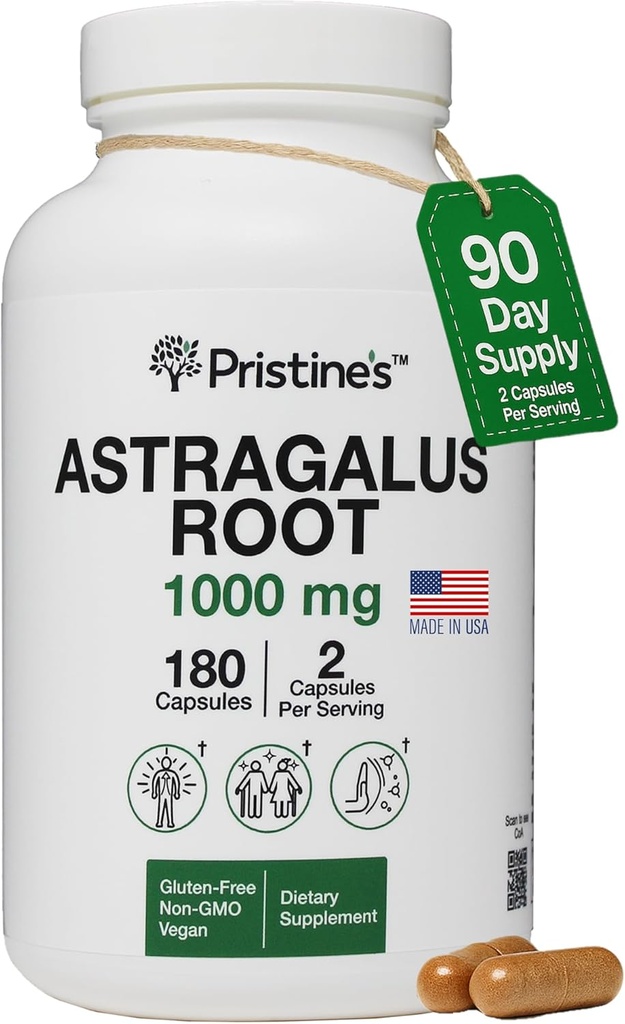 PriSTINE'S Astragalus Root Immune Support Supplement Capsules -1000mg 90 Day Supply Herbal Adaptogen - Healthy Aging, Heart &amp; Lung Health