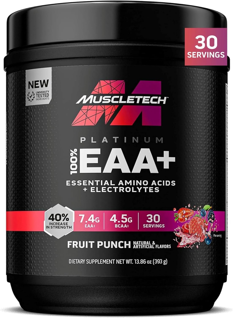 MuscleTech Platinum Essential Amino Acids Supplement with Electrolytes, Fruit Punch - Pre-Workout Powder for Energy, Muscle Growth & Strength Builder - EAA Complex for Men & Women - 30 Servings